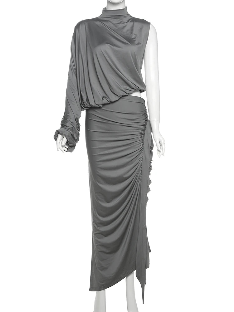 Nibber Summer Y2K Solid Style 2Piece Set Women Turtleneck Single Shoulder Sleeve Tops+Ruched Long Skirts Fashion Elegant Outfits