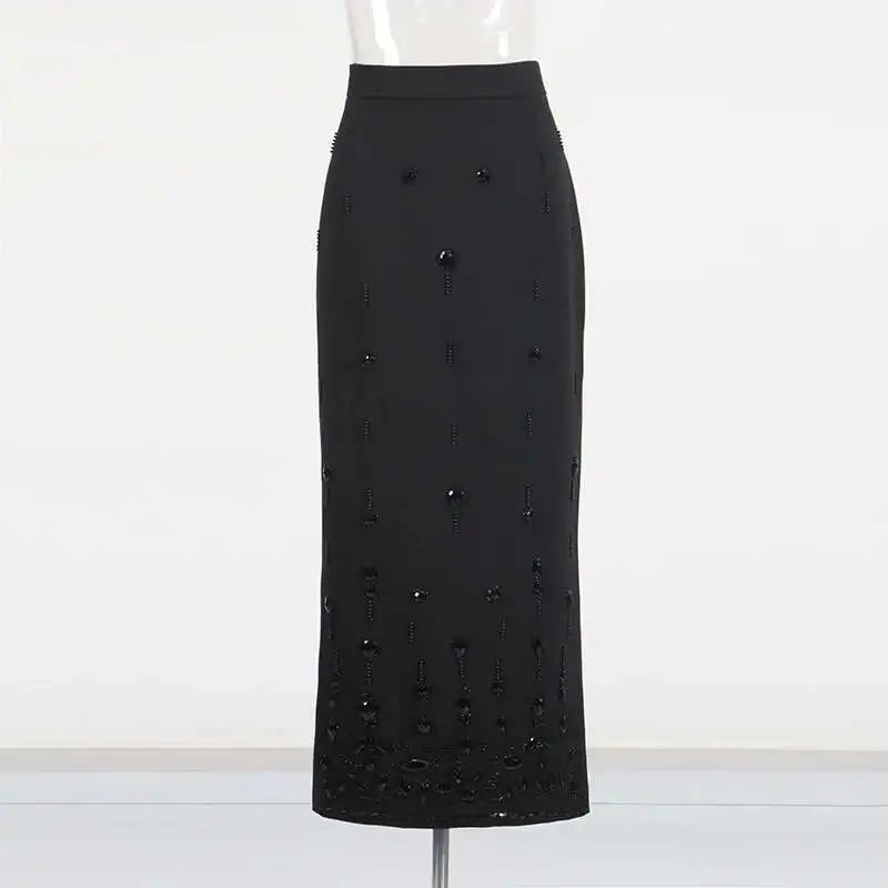 TWOTWINSTYLE Solid Spliced Diamonds Two Piece Set For Women Stand Collar Long Sleeve Tops High Waist A Line Skirt Set Female New