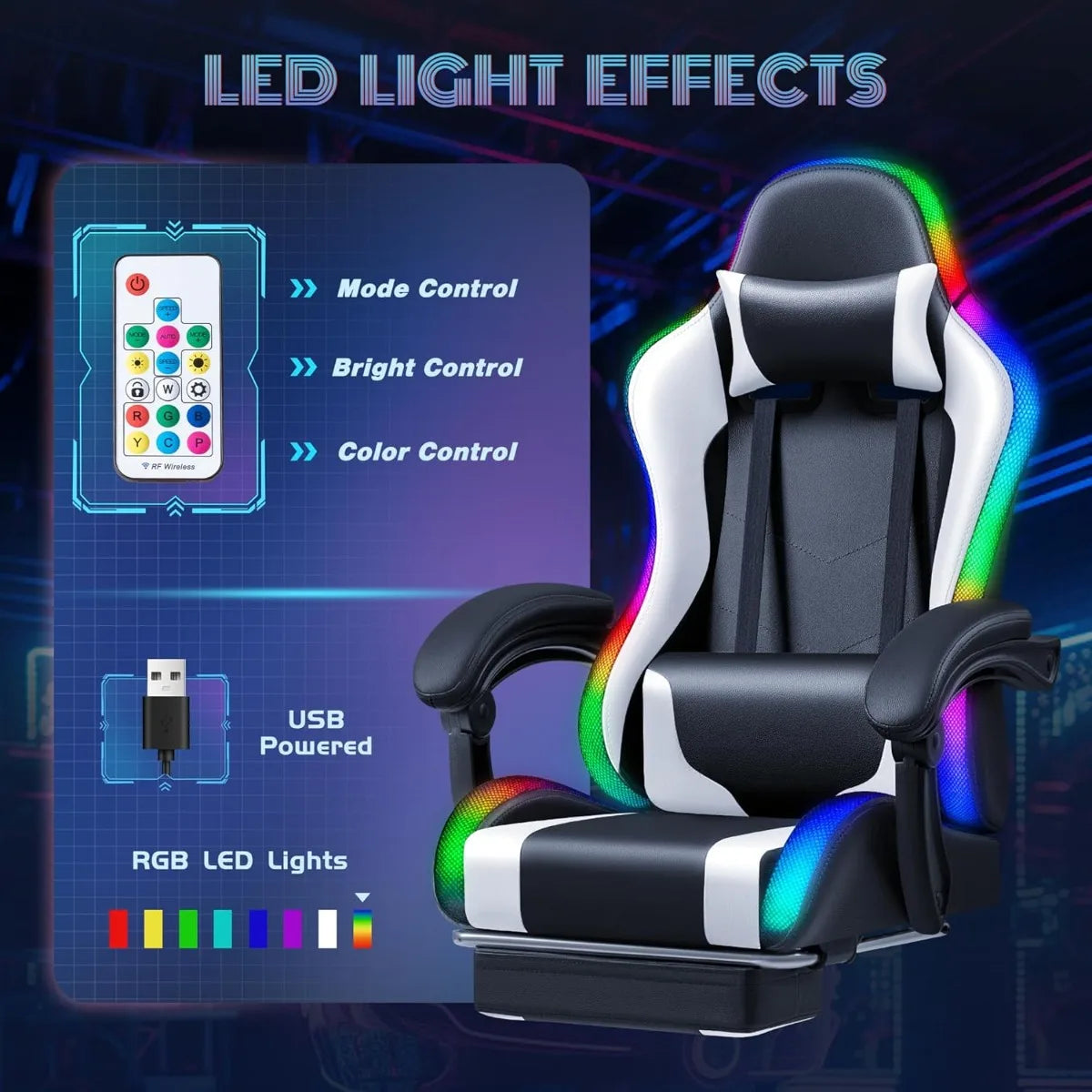 Furmax Gaming Chair with RGB LED Lights, Massage Lumbar Support & Footrest, Reclining High Back Computer Gamer Chair (White)