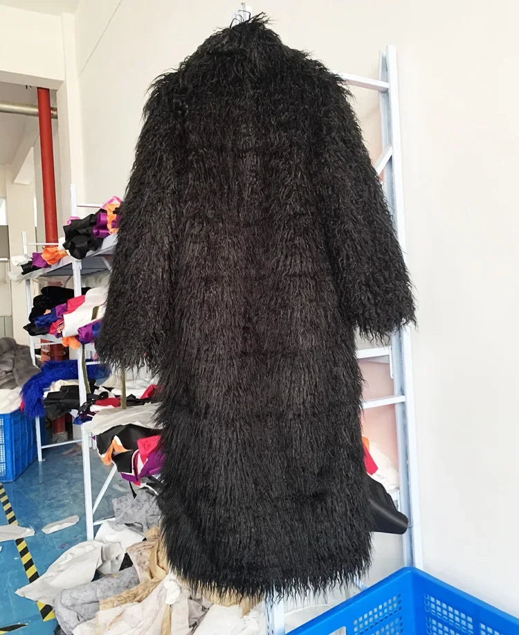 Women Imitation Sheep Faux Fur Long Coat Cardigan Thermal Loose Slim Fit Plush Coats Female Jacket Autumn Winter Furry Outerwear