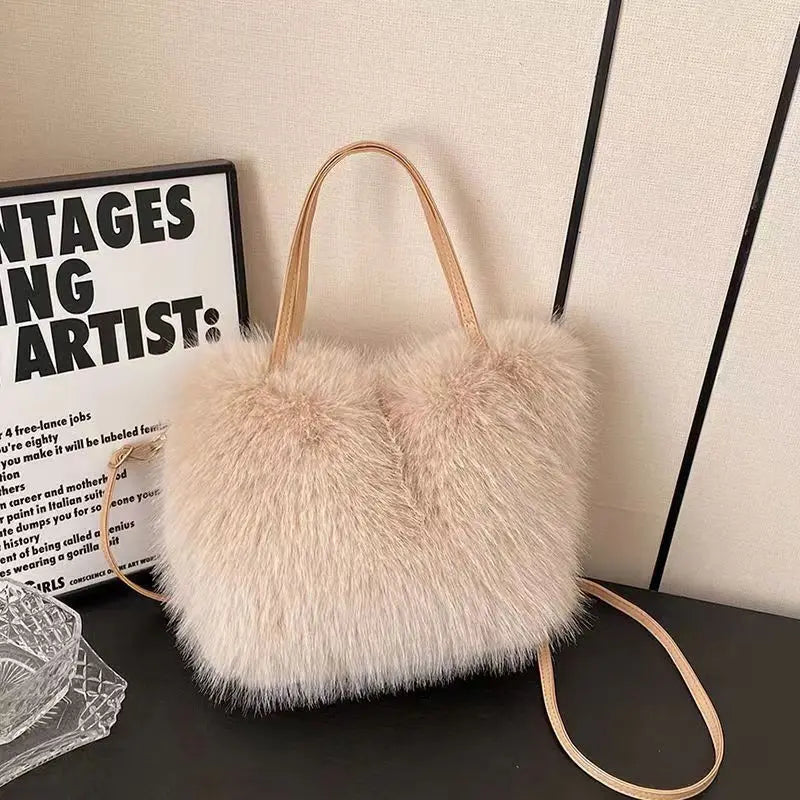 Fairy Handbag Pearl Chain Plush Small Square Bag For Women Fashion Elegant Shoulder Crossbody Bag Autumn Winter Versatile Totes