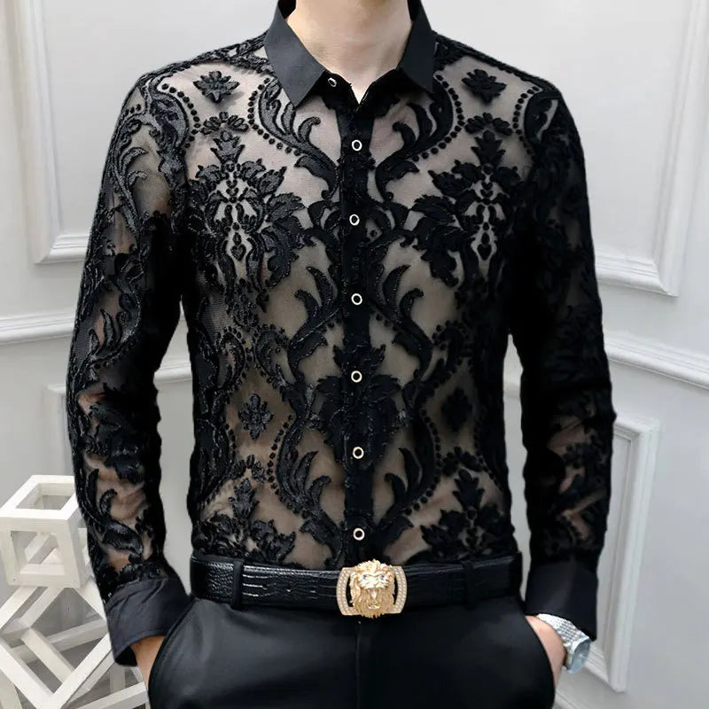 3 Colours Soft Velvet Slim-fit Men Clothing Nightclub long sleeved Sexy Polo See Through High Quality Transparent Floral Polo - Kimlud