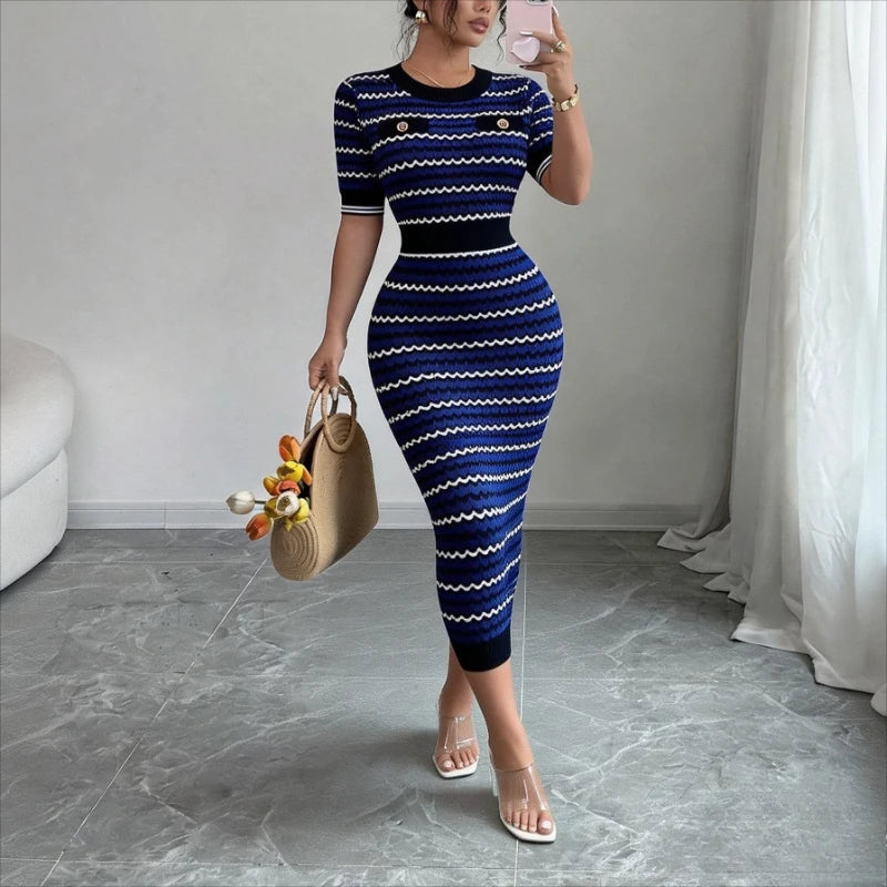 Women's Blue Geometric Striped Crew Neck Sundress Short Sleeve Stretchy Ribbed Knit Bodycon Long Dress Summer Party Maxi...