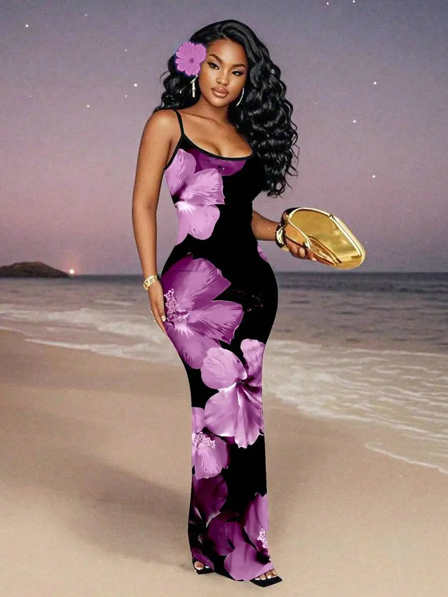 Womens Floral Print Elegant Waist Cinched Long Strap Dress For Party,Summer Dresses For Women