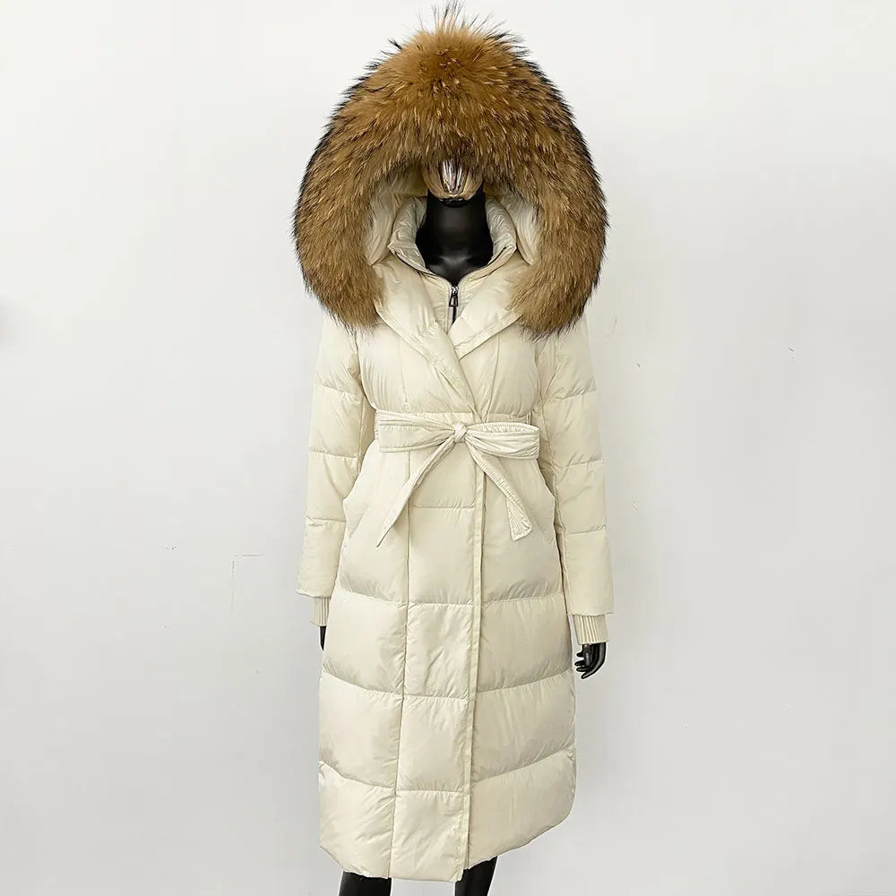 CXFS New Real Raccoon Fox Fur Collar Hooded Natural Long Winter Jacket Women 90 White Duck Down Coat Thick Warm Casual Outerwear