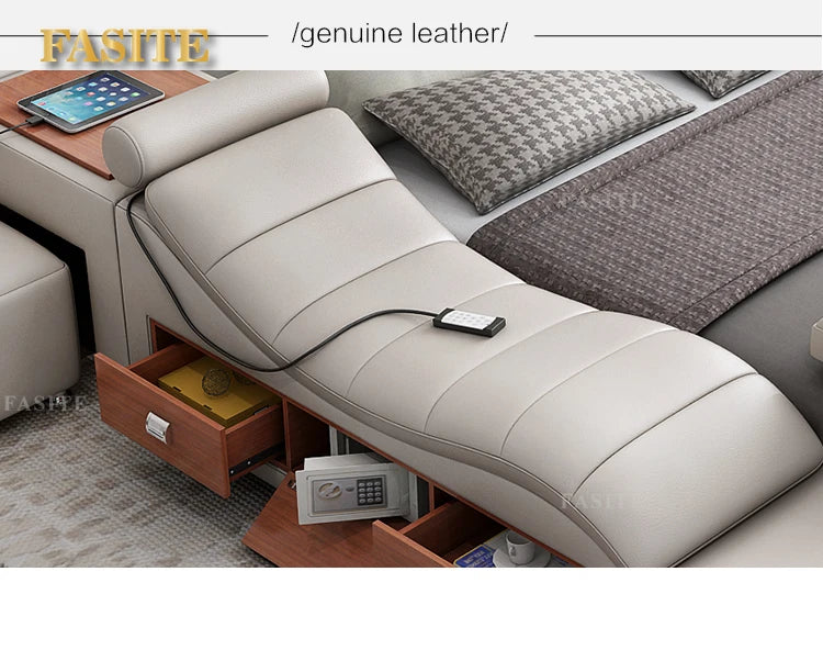 Genuine Leather Tech Smart Multifunctional Beds Massage Modern Luxury Camas Upholstered With Bluetooth Speaker,Air Cleaner