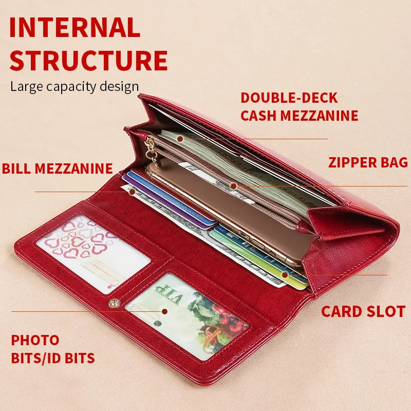 RFID Anti-Theft Brush and Demagnetization Long Handbag, Large Capacity Integrated Card Bag, Multi-Functional Wallet, Leather Cow