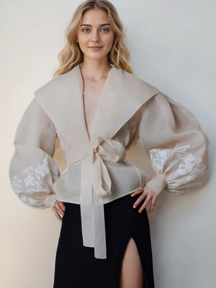 Embroidery Hit Color Blouses For Women V Neck Long Sleeve Patchwork Lace Up Oversize Folds Spring Blouse Female 2024