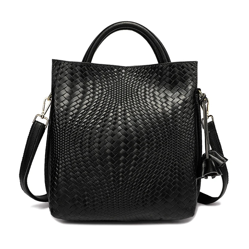Fashionable and luxurious woven pattern casual versatile black woven pattern daily commuting cowhide women's handbag