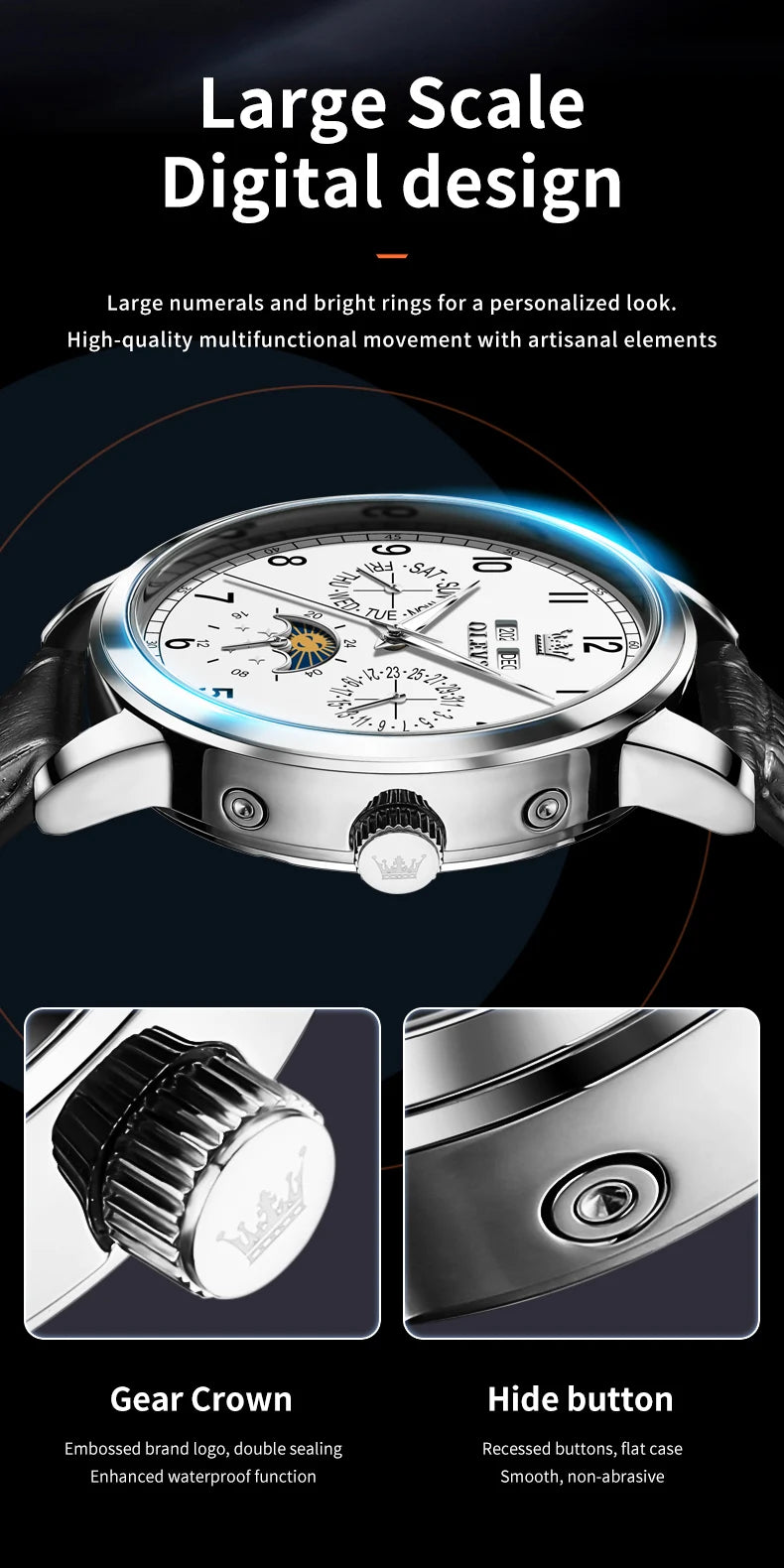 OLEVS 6698 Mens Watch Luxury Dress Brand Moon Phase Automatic Mechanical Watch For Men Leather Waterproof Dual Calendar...