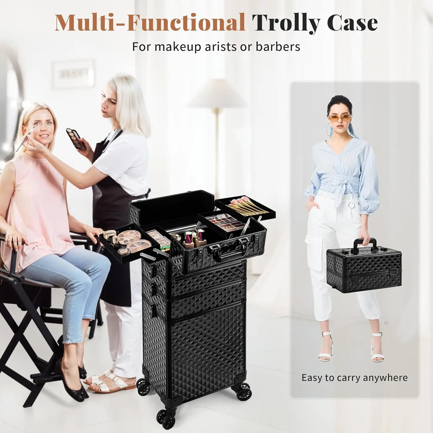 Rolling Makeup Train Case 4 in 1 Cosmetology Case on Wheels Large Storage Cosmetic Trolley with Key Salon Barber Case