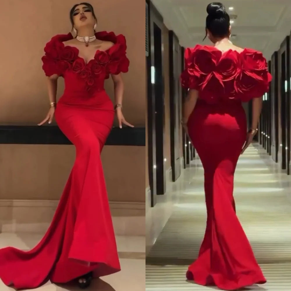 Customized High Quality Jersey Flower Pleat Trumpet Off-the-shoulder Long Dresses Bespoke Occasion Matching