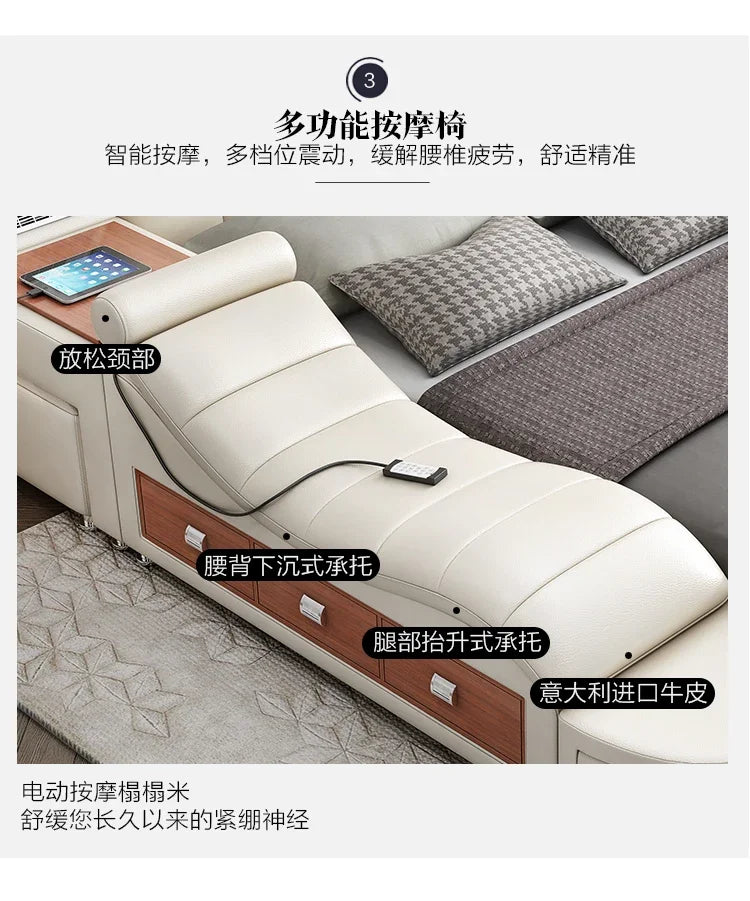 Genuine Leather Tech Smart Multifunctional Beds Massage Modern Luxury Camas Upholstered With Bluetooth Speaker,Air Cleaner