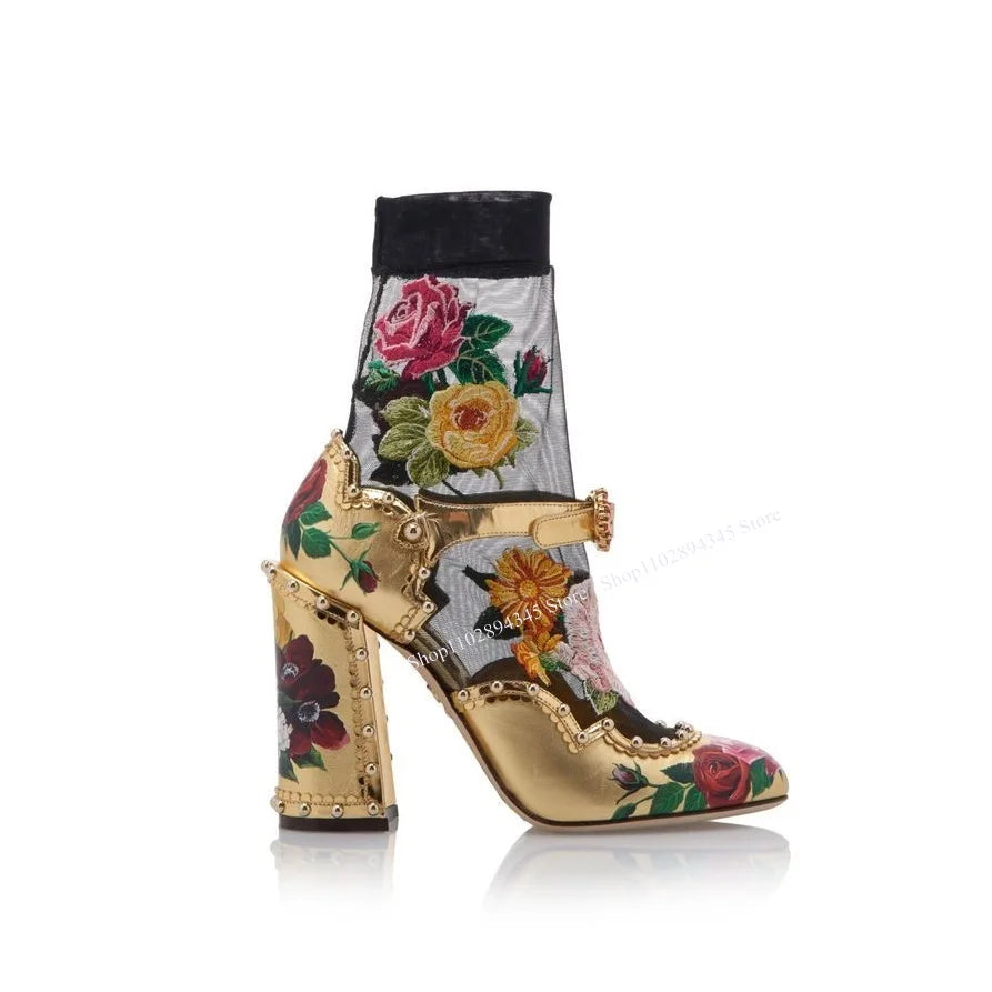 Gold Flower Pattern Buckle Pumps Pointed Toe Chunky Heel Fashionable Sexy 2025 Summer Big Size Woman Shoes Zapatillas Mujer