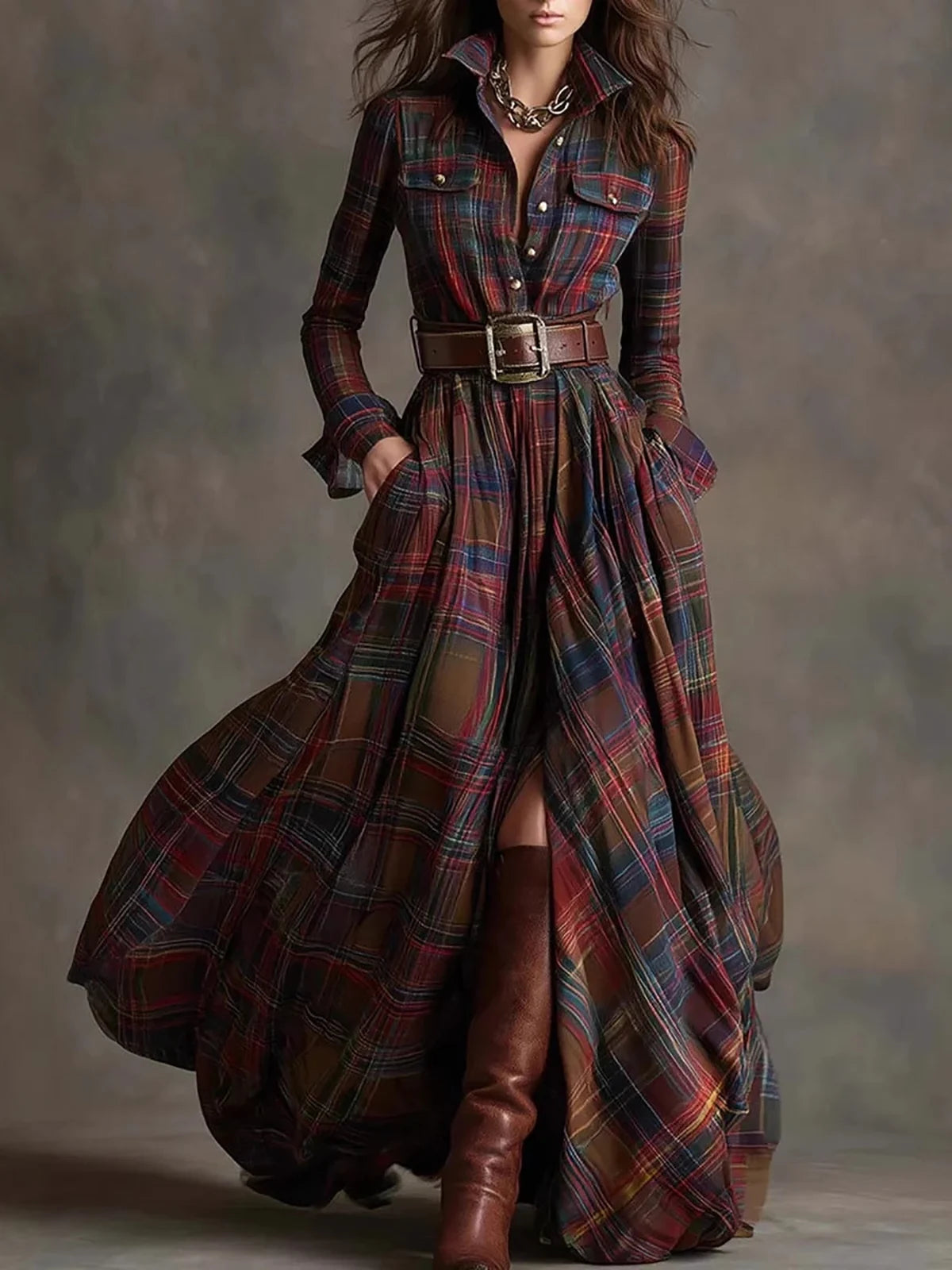 Women Vintage Elegant Suede Tassel Mini Dress High Neck Long Sleeve Pockets Fringe Hem Dress Fashion Solid Autumn Party Dresses