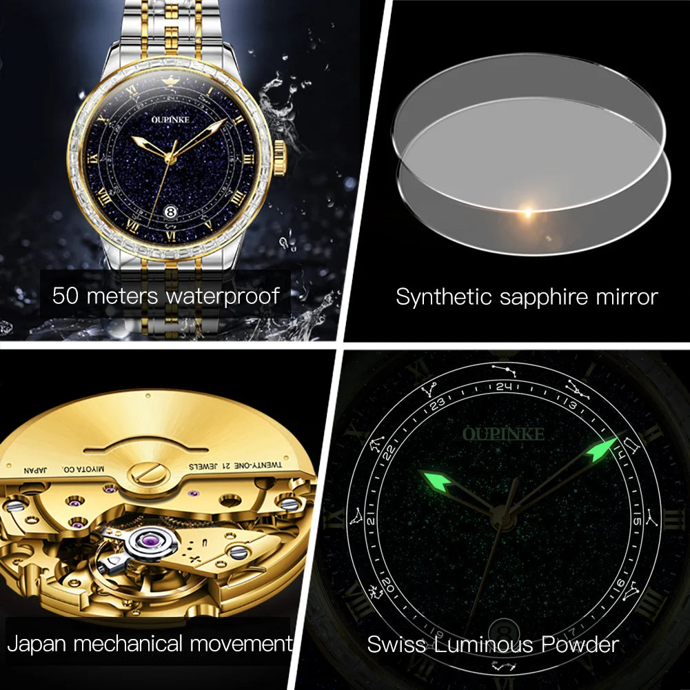 OUPINKE Original Automatic Mechanical Watch for Men Star Diamond Design Luminous Waterproof Men's Wristwatch Luxury...