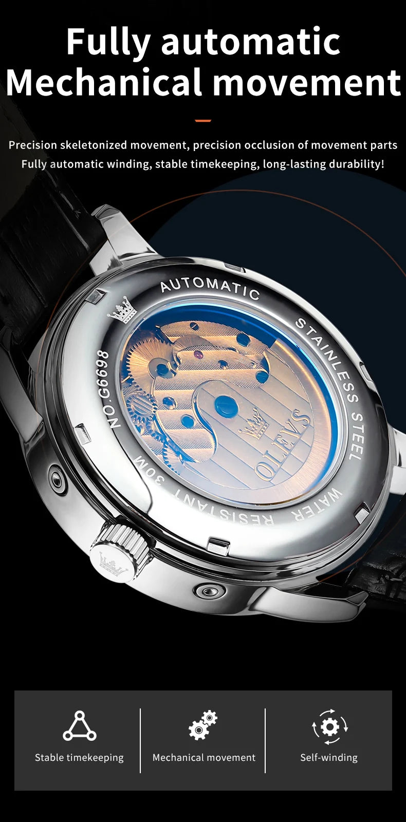 OLEVS 6698 Mens Watch Luxury Dress Brand Moon Phase Automatic Mechanical Watch For Men Leather Waterproof Dual Calendar...