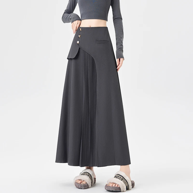 Grey Suiting Midi Skirts for Women High-Waisted A-Line Flare Skirt Perfect Hip-Camouflage Office Skirt for Autumn |...