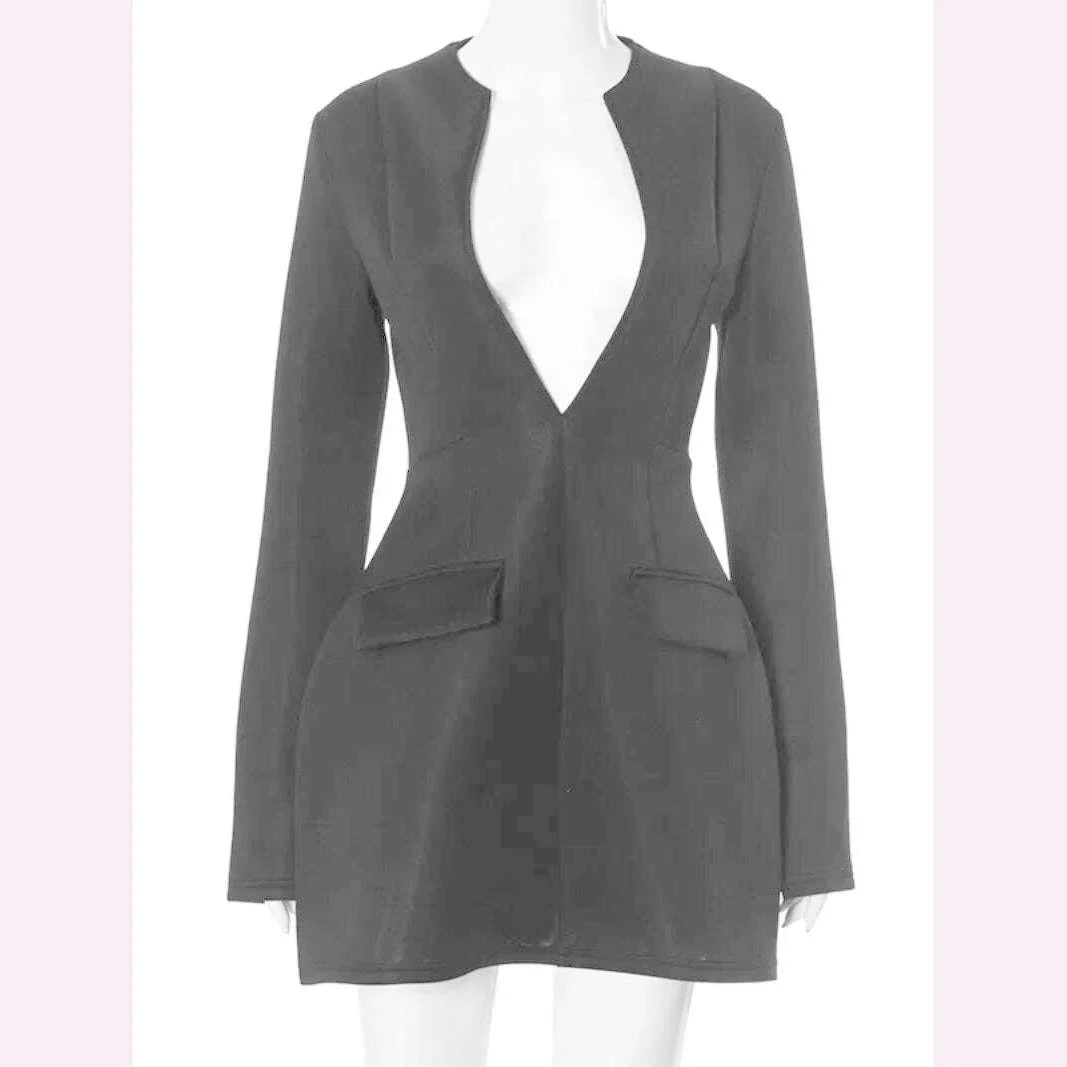 Fashion Deep V-neck Tunics Short Dress White Black Women Autumn Winter Long Sleeve High Waist Party Dresses Female Blazer Dress