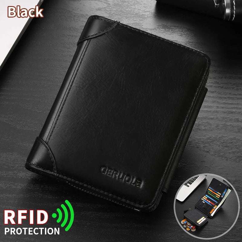 Men’s compact, high-capacity genuine leather wallet; top-grain cowhide wallet with multiple card slots; RFID protection