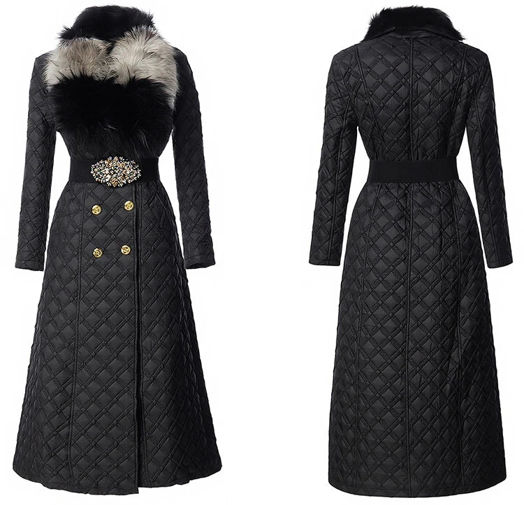 DSXDFACAIRIJ Women Color Blocking Fur Collar Long Sleeves Lace-Up High Street Double Breasted Geometric Outerwear Winter...