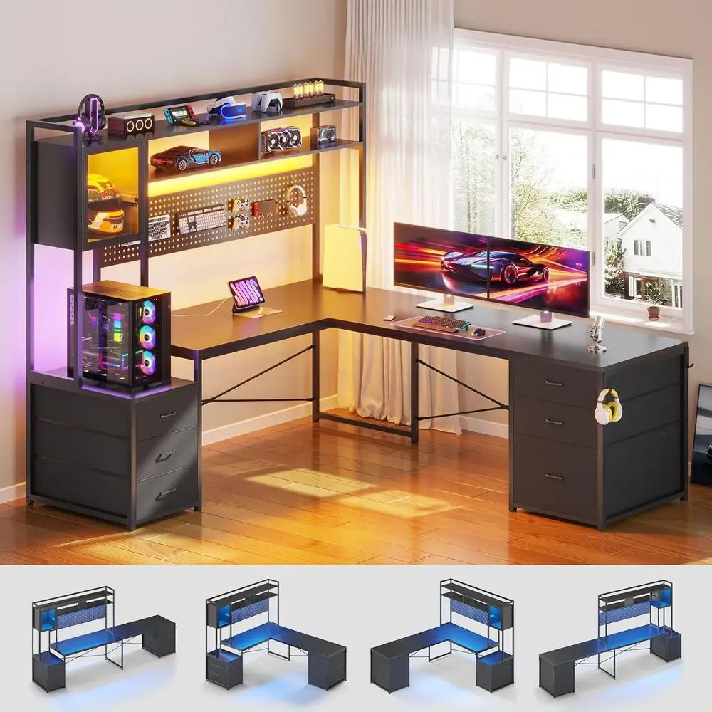 L-Shaped Gaming Desk with Drawers, Reversible, LED-lit, Black, for Dual Players with Power Outlets - Kimlud