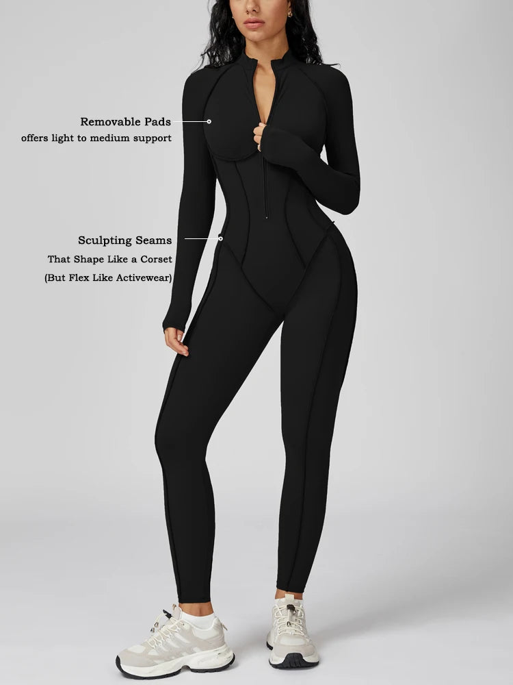 VITALINOVO Womens Running Onesie Athletic Romper Pants Long Sleeve Zip Up Hiking Outfits One Piece Workout Bodycon Jumpsuits