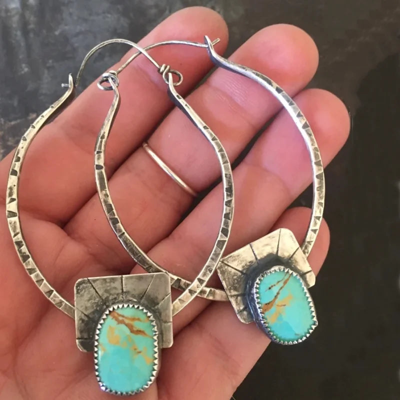 Boho-Chic Hoop Earrings - Silvery Plated, Synthetic Gemstone Inlay, Zinc Alloy - Perfect for Casual Attire & Gifting |...