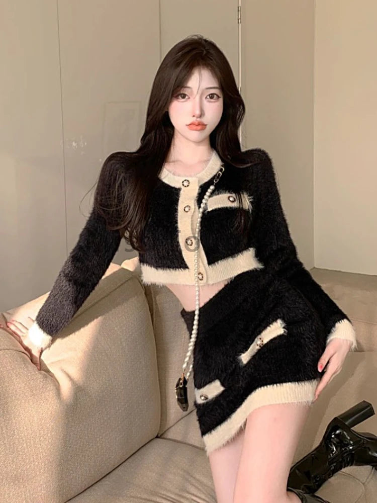 Winter Fluffy Knit 2 Piece Set Women Patchwork French Vintage Mini Skirt Suit Female Korean Fashion Elegant Office Lady Set 2024