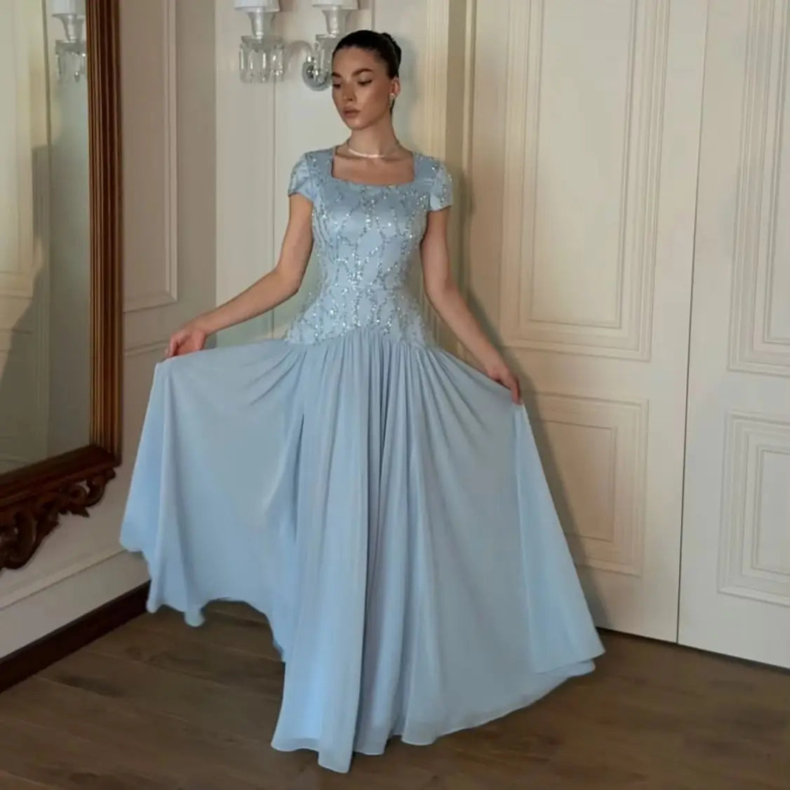 Elegant Square Neck Evening Dress Short Sleeve Sequin Embellished Top Pleated Chiffon Floor Length Wedding Guest Maxi Gown