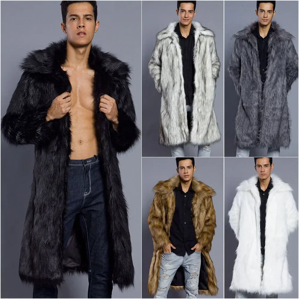 Men Faux Fox Fur Long Jacket Coat Winter Thick Fluffy Long Sleeve Warm Shaggy Luxury Faux Fur Long Jacket Bontjas Jackets Mens