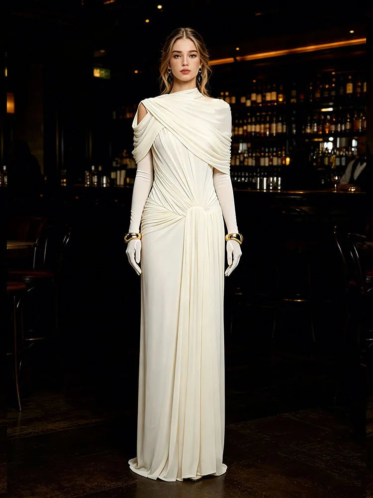 Sexy O Neck Mesh Covering Ruched Long Dress Women Beige Sleeveless Ruched Slim Dresses Celebrity Maxi Evening Party Club...