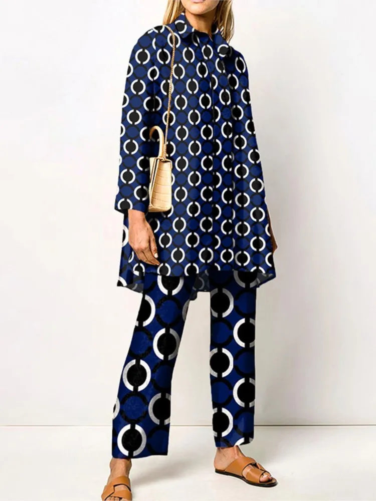 Autumn New Loose Vintage Printed Pant Sets Women Long Sleeve Shirts And Wide Legs Trousers Two Piece Set 2024 Fashion Streetwear