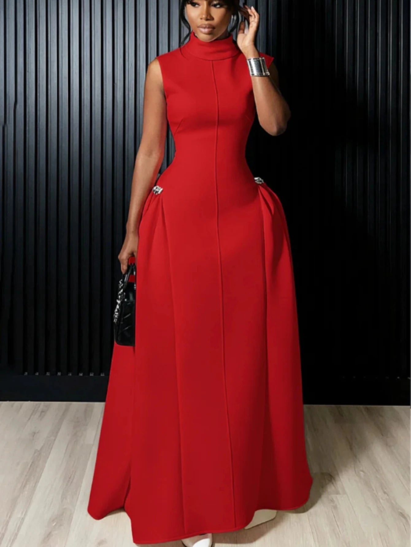 Women High Neck Sleeveless Fitted Floor Length Maxi Dress With Side Flared Detail For Formal Gala Wedding And Evening...