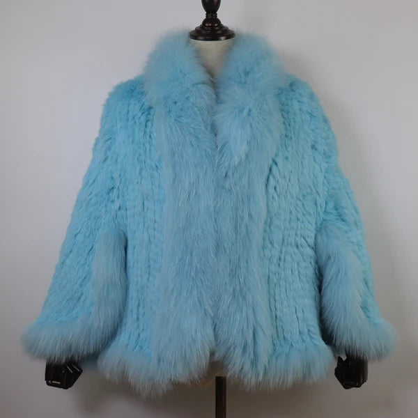 Hot Women Knitted 100% Real Rabbit Fur Shawl Winter Warm Genuine Rabbit Fur Pashmina Coat With Fox Fur Collar For Female...