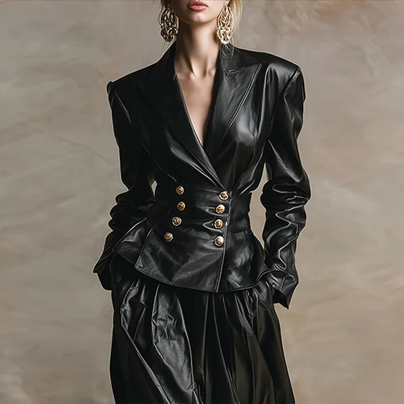 Model Urban Elegance Faux Leather Jackets for Women 2025 Winter V-neck Double-breasted Womme's Vintage Black Pu Leather Outwear