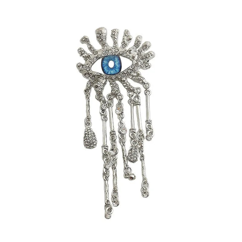 Retro Eye Shaped Rhinestone Brooch for Women and Men Tassel Chain Lapel Pins Badge Elegant Fashion Jewelry Accessories