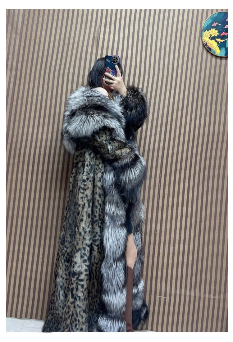 120cm Length Women's Genuine Rabbit Fur Coat Fox Fur Hooded Long Jacket Luxury Overcoats