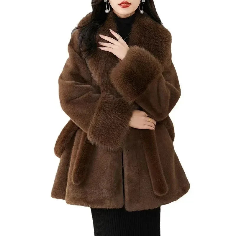 Luxury Vintage Faux Fur Coat Women Fur Collar Long Sleeve with Belt Oversized Fur Jacket Warm Thick Winter Cardigan Lady's Coats