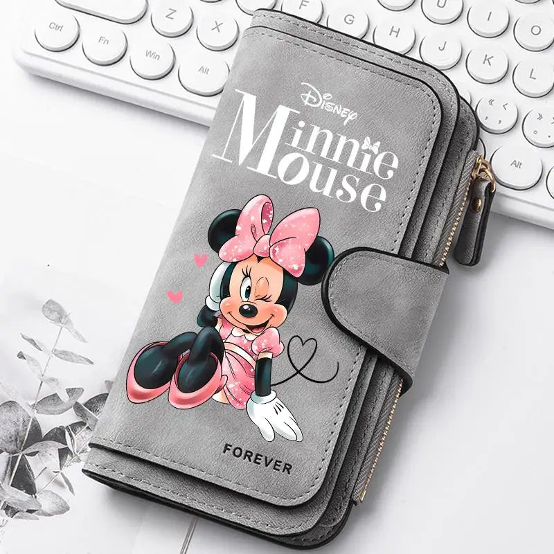 Mickey Minnie Lady Long Zip Wallet Buckle Tote Bag Coin Purse Soft PU Leather Multi-functional Card Holder Casual Daily