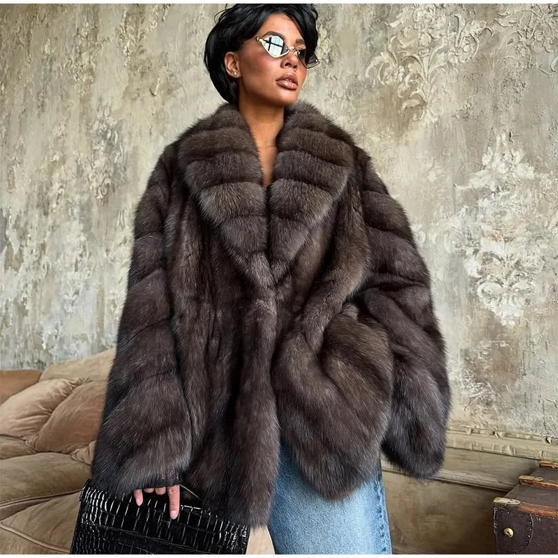 Women Patchwork Faux Fur Coat Elegant Contrast Full Sleeve Lapel Loose Long Staple Plush Jacket Winter High Street Outerwears