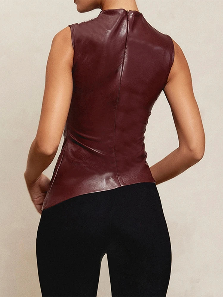 Women Y2K Vintage PU Simple Basic Tank Top High Waist Skinny Shrunk Slash Cut Sleeveless Tops Versatile Noble Shirts - Kimlud