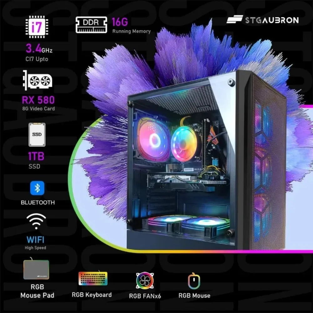 Radeon RX 580 8G GDDR5, Intel Core I7 Up To 3.9G, 16G RAM, 1T SSD, 600M WiFi, BT 5.0, RGB Fan X6, Windows 10 Home Towers - Kimlud