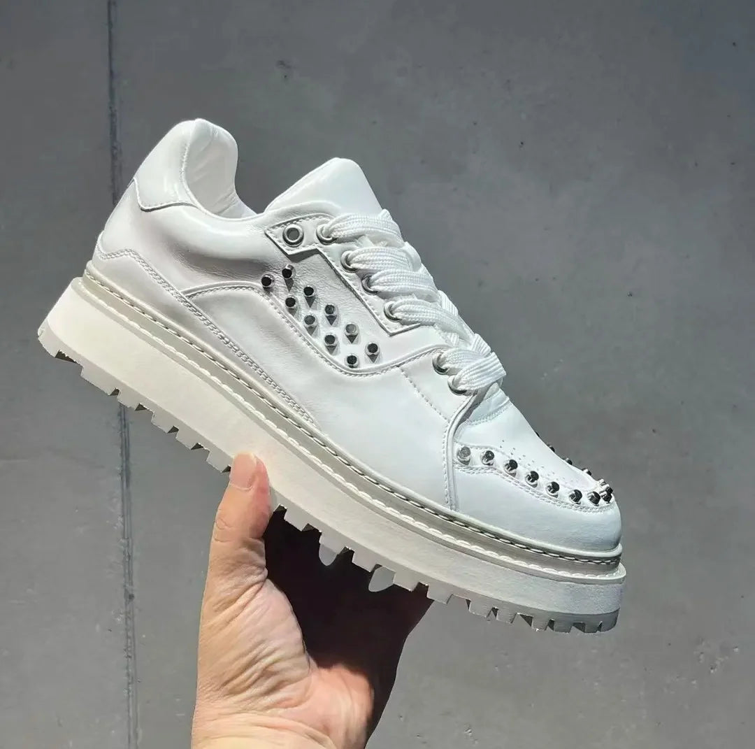 Men's Genuine Leather Casual Shoes White European Metal Rivet Design Board Shoes Thick Soled Trainers Height Increasing Sneakers