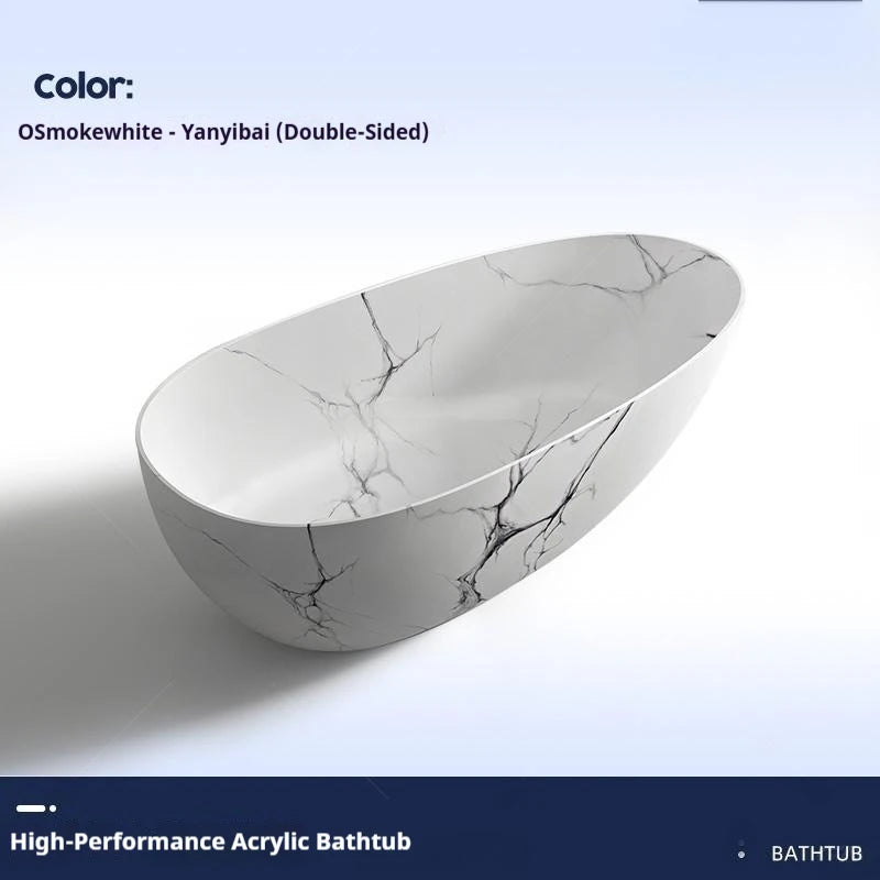 Luxury marble-patterned freestanding bathtub, oval-shaped artificial stone soaking tub, suitable for hotels and villas.