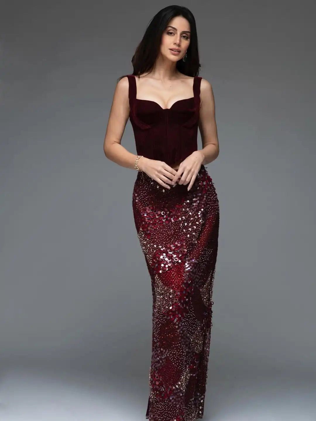 Ofherown New Burgundy Two-Piece Evening Dress Velvet Corset Top Sequin Beaded Mermaid Skirt Formal Prom Gown for Gala Party Prom