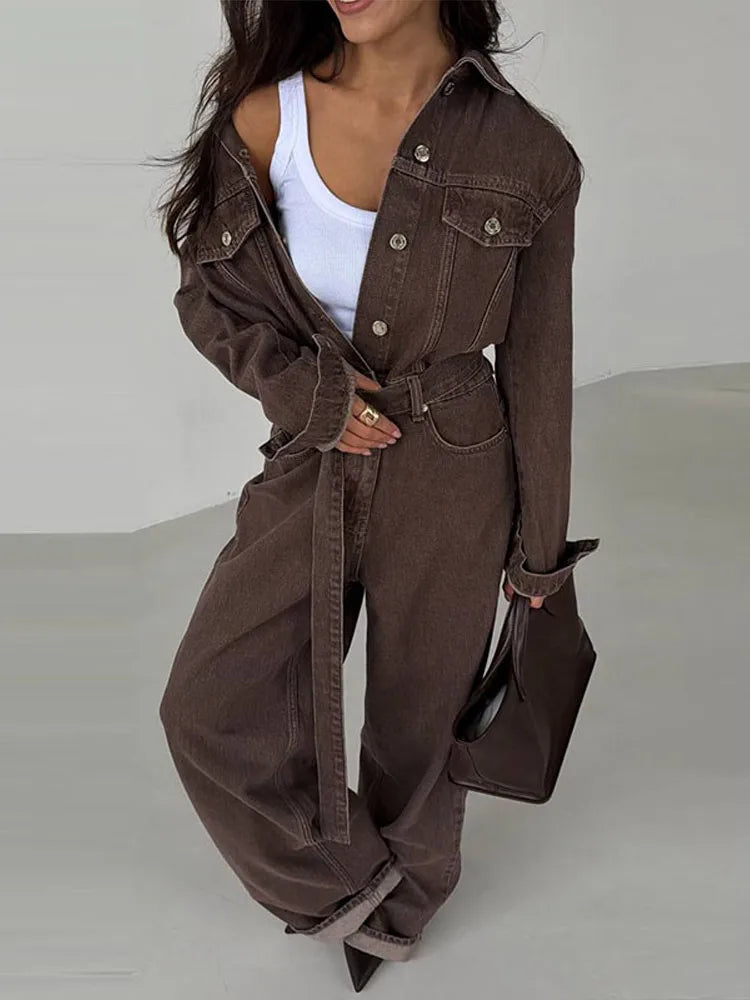 Chic Denim Women's Jumpsuit Turn-Down Collar Lace Up Full Sleeve Lady Long Jumpsuits 2026 Spring Casual Female Streetwear - Kimlud