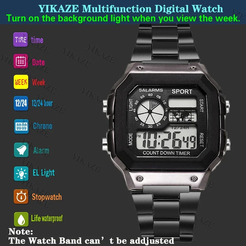 MAYZHISU Classic Men's Digital Watches Luxury Stainless Steel Strap Sport Watches Men Military Clock LED Sport Wristwatch - Kimlud