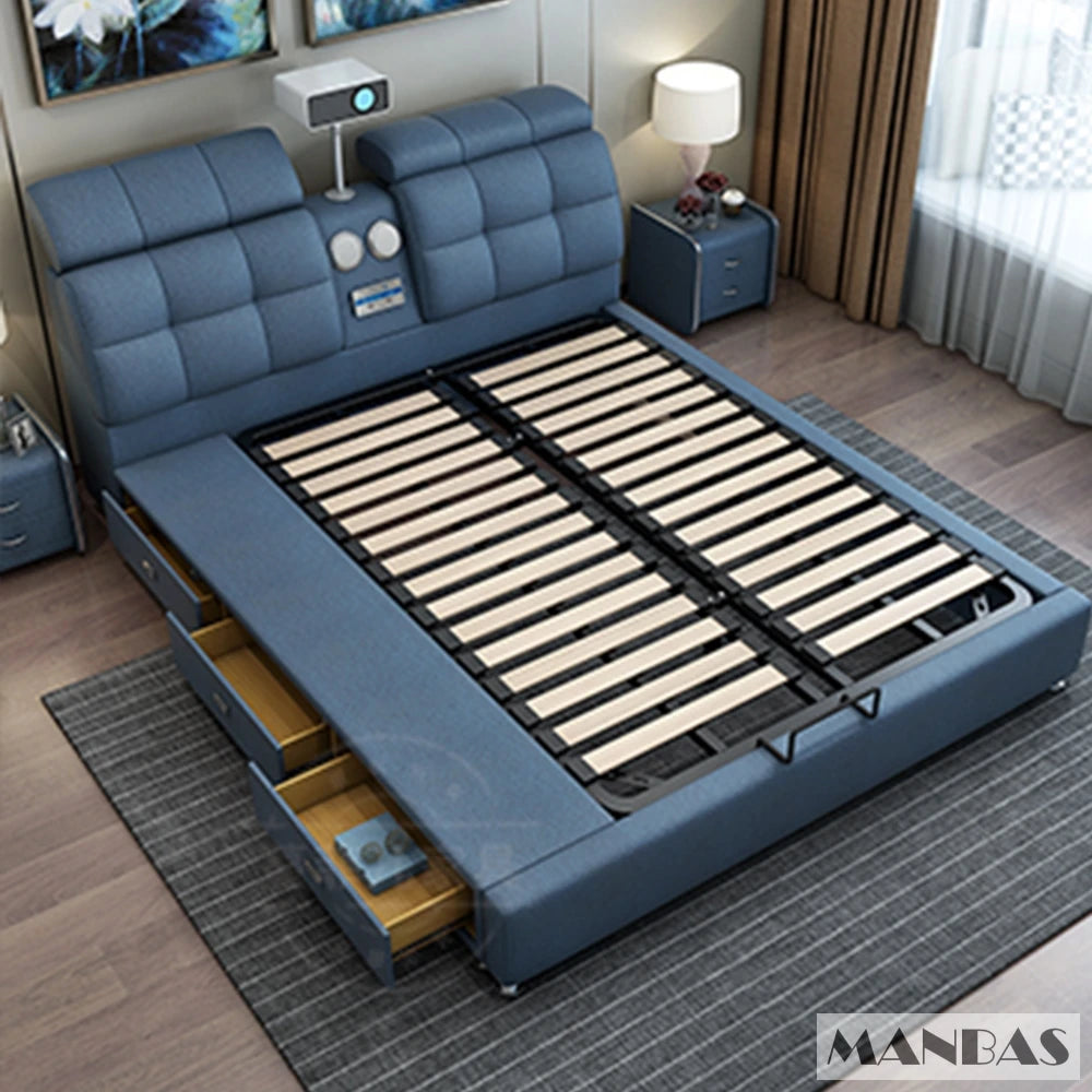 Linlamlim Ultimate Tech Smart Bed - Multifunctional Bedframe with Genuine Leather and Bluetooth Speaker, Drawers,...