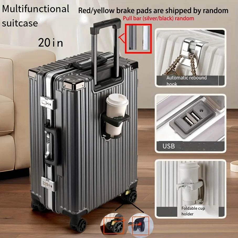 Carry On Luggage -With Aluminum Frame - 20 Inch PC Hard Shell Suitcase - With Cup Holder & USB Port And TSA Locks |...